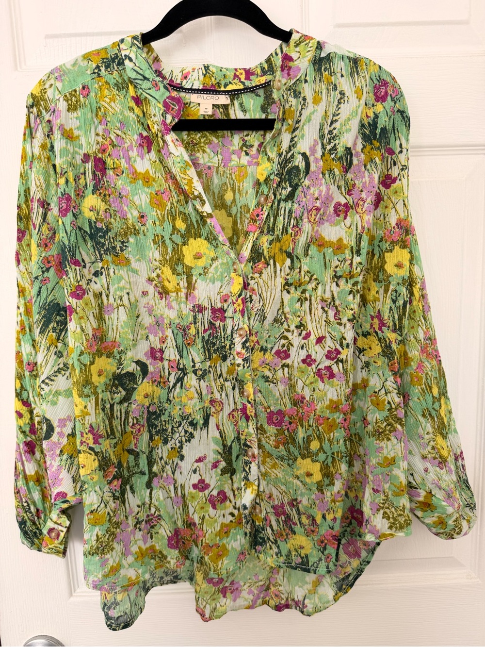 Pilcro Floral Button-Front Blouse in Green, Yellow & Pink